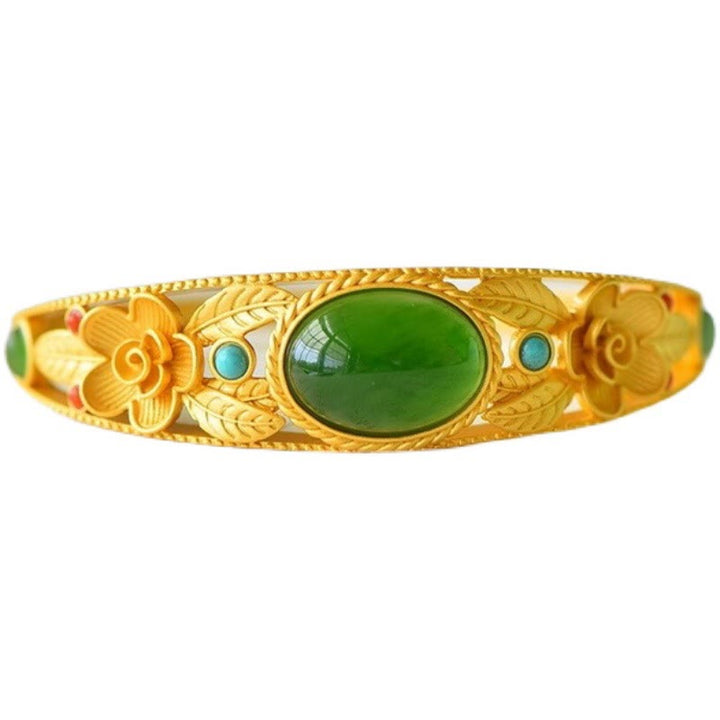 Bracelet jonc porte-bonheur en Buddha Stones, jade cyan, jade blanc, fleur, feuille