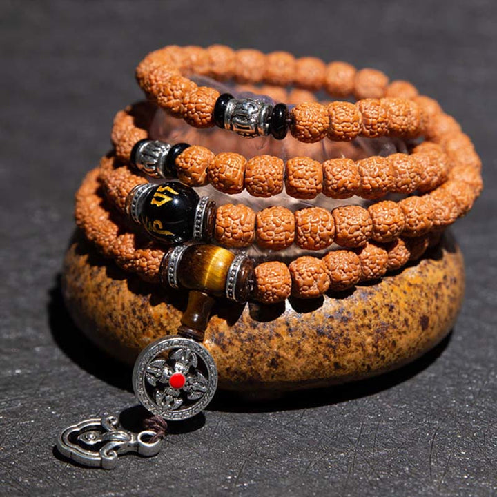 Bracelet tibétain en 108 perles de Mala Rudraksha Bodhi Seed Zodiac chinois Bouddha natal Richesse Charm