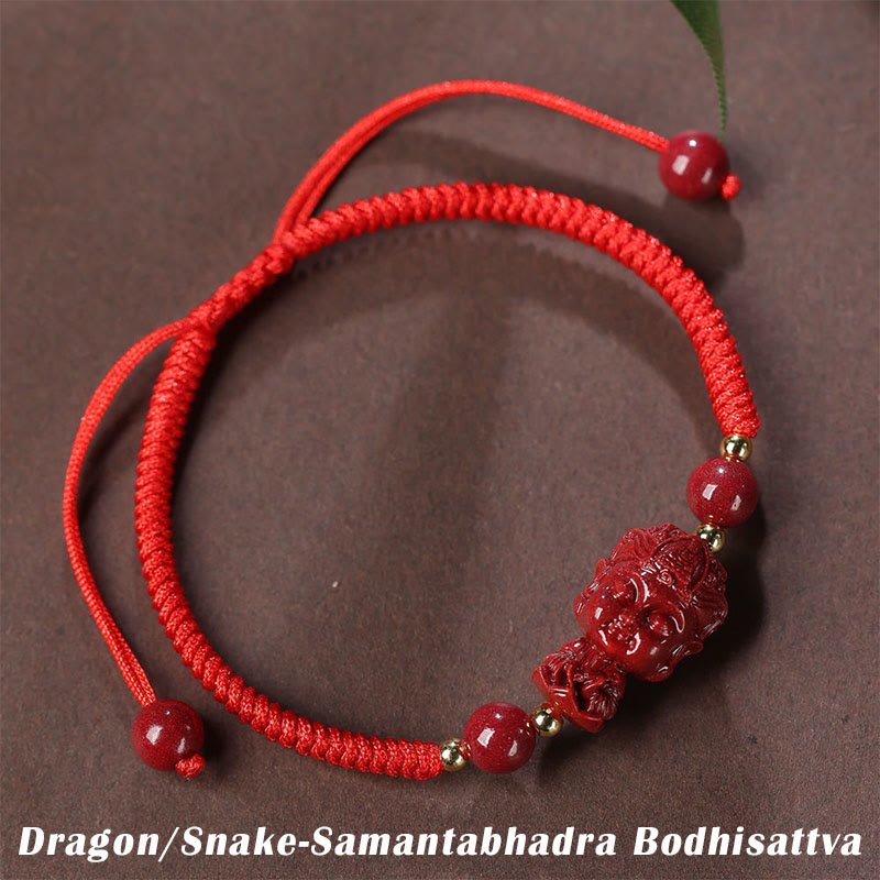 Bracelet en cordon avec amulette de bénédiction en cinabre et Buddha Stones du zodiaque chinois