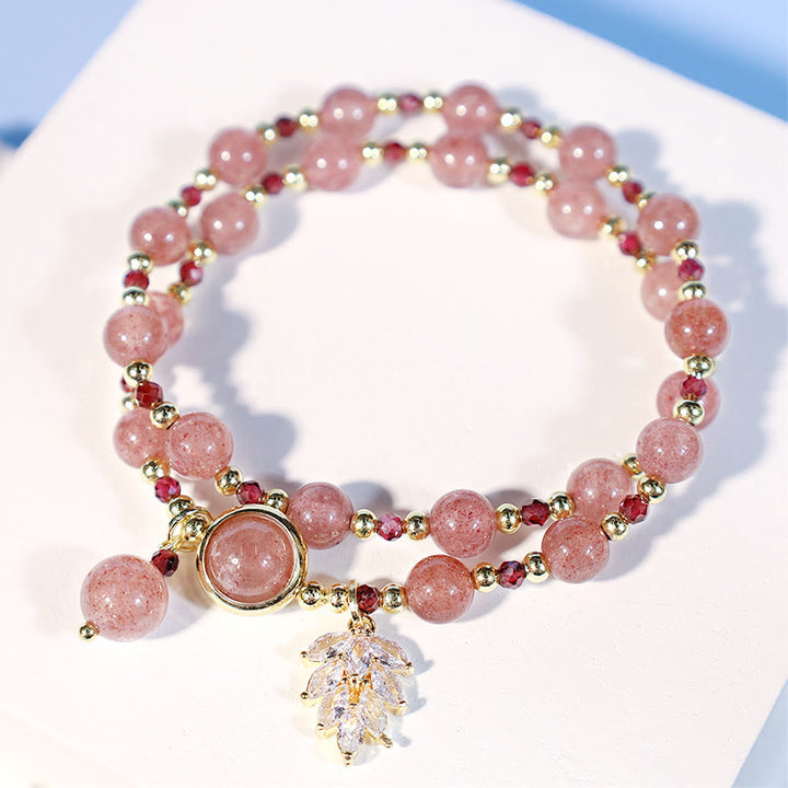 Bracelet double tour avec breloque en feuille d'érable et quartz fraise naturel Buddha Stones