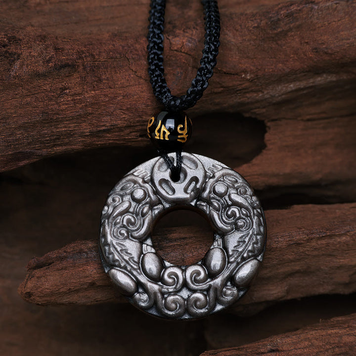 Buddha Stones en obsidienne argentée naturelle et double pièce de cuivre PiXiu avec boucle de paix et protection - Obsidienne argentée (Communication ♥ Apaisante) - image 1