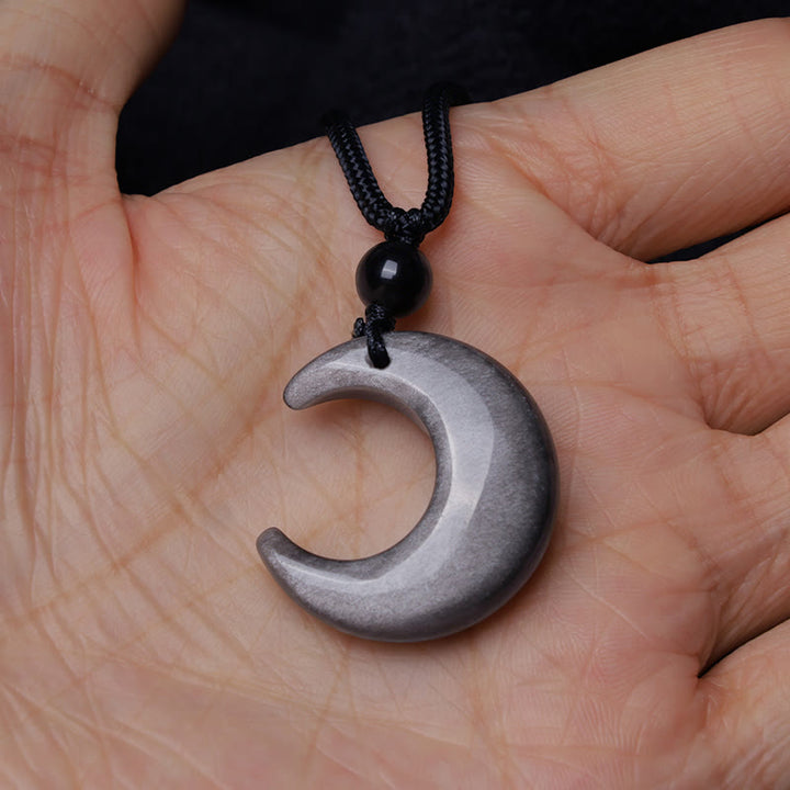 Collier pendentif en forme de croissant de lune en cristal d'obsidienne et de sélénite avec Buddha Stones et argent naturel, protection du couple Yin Yang - image 7