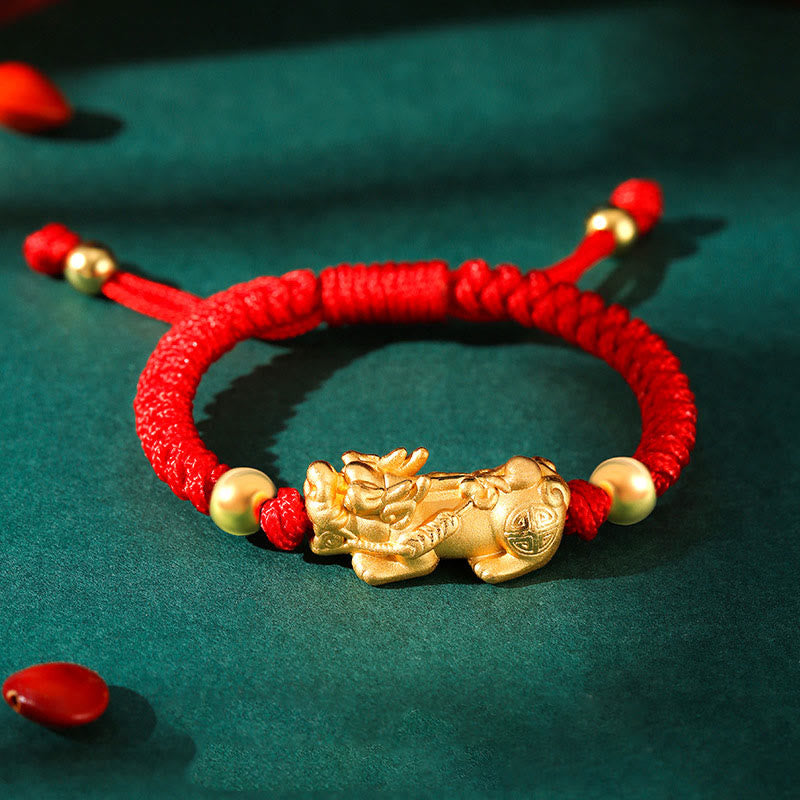 Bracelet tressé pour enfants en argent sterling 999 avec Buddha Stones et nœuds PiXiu Wealth King Kong - PiXiu doré en argent sterling 999 - Cordon rouge (taille du bracelet : 12 + 4 cm) - image 5