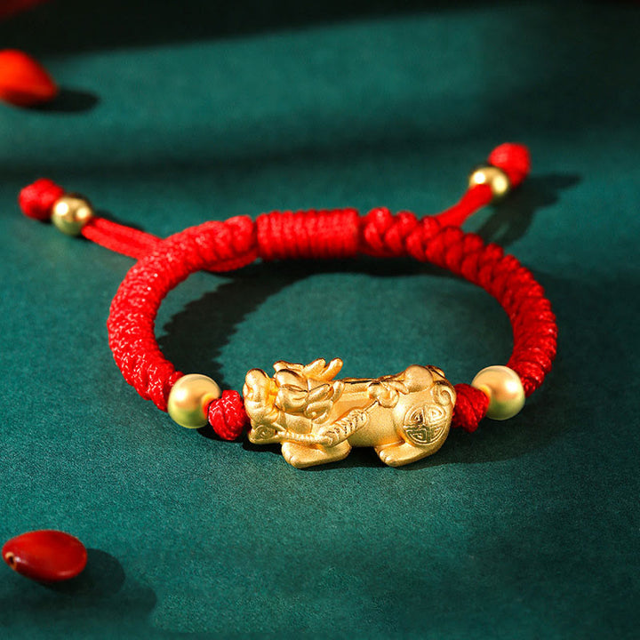 Bracelet tressé pour enfants en argent sterling 999 avec Buddha Stones et nœuds PiXiu Wealth King Kong - PiXiu doré en argent sterling 999 - Cordon rouge (taille du bracelet : 12 + 4 cm) - image 5