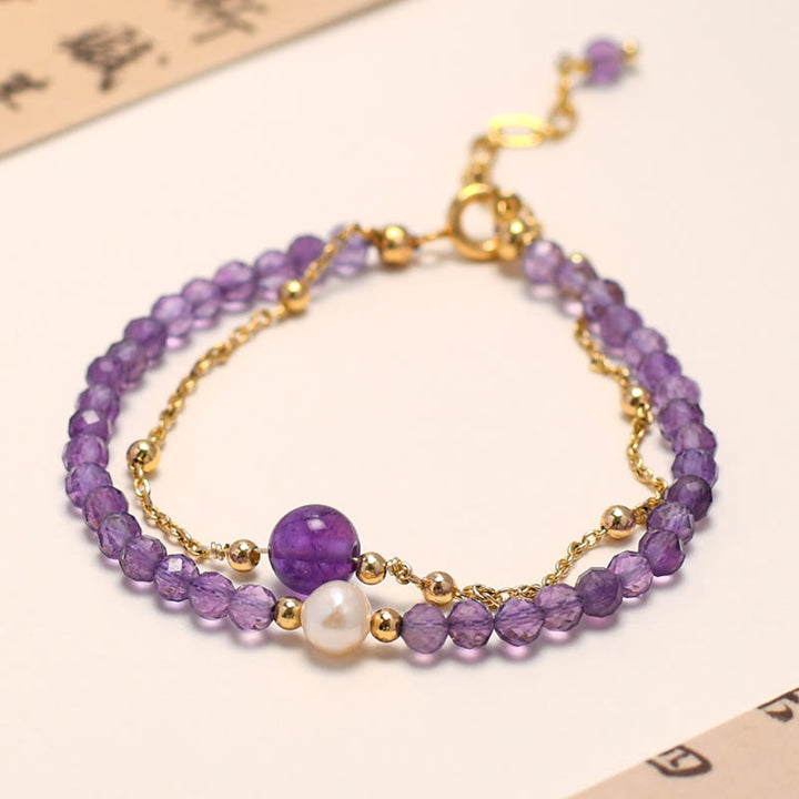 Bracelet double chaîne de guérison en cristal d'améthyste plaqué or 14 carats de Buddha Stones