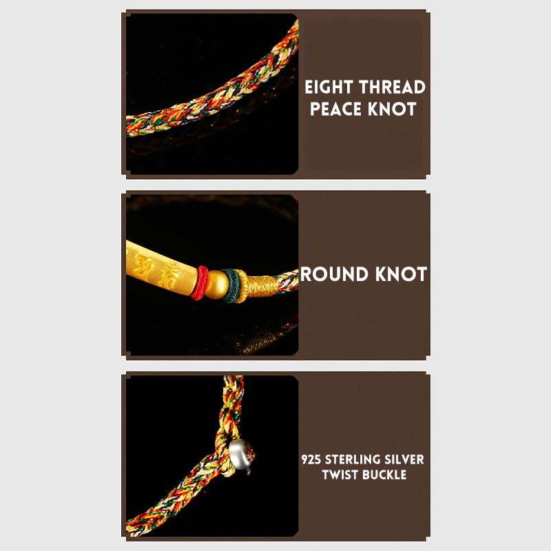 Bracelet tressé à huit fils en or 999 tibétain avec Buddha Stones Om Mani Padme Hum, fabriqué à la main, avec nœud de paix et porte-bonheur