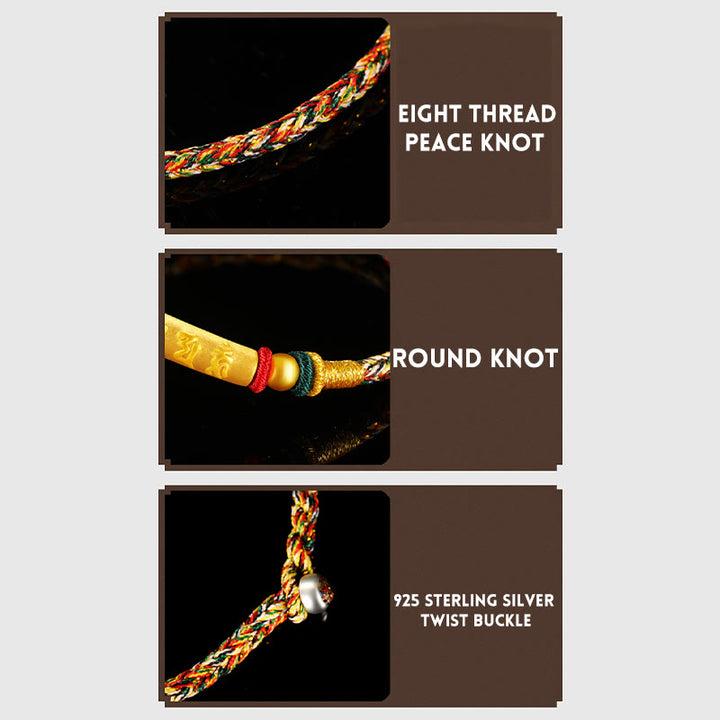 Bracelet tressé à huit fils en or 999 tibétain avec Buddha Stones Om Mani Padme Hum, fabriqué à la main, avec nœud de paix et porte-bonheur
