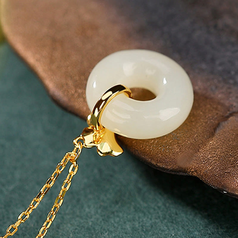 Buddha Stones -bonheur en argent sterling 925 avec boucle de paix en jade Hetian naturel et feuille de ginkgo - image 3