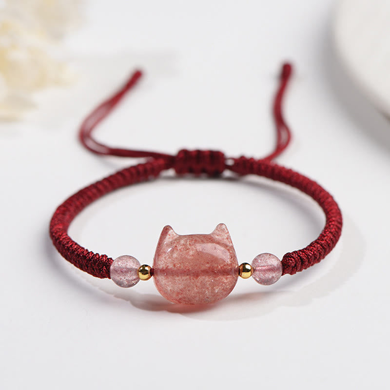 Bracelet tressé fait main en obsidienne naturelle argentée et brillante en quartz fraise avec protection pour chat mignon - Quartz fraise (Amour ♥ Guérison) - Joli chat - image 13
