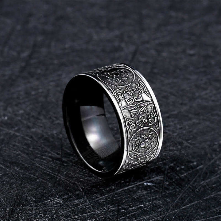 Bague porte-bonheur sculptée en basalte de Suzaku avec quatre Buddha Stones, dragon, bête gardienne, tigre blanc