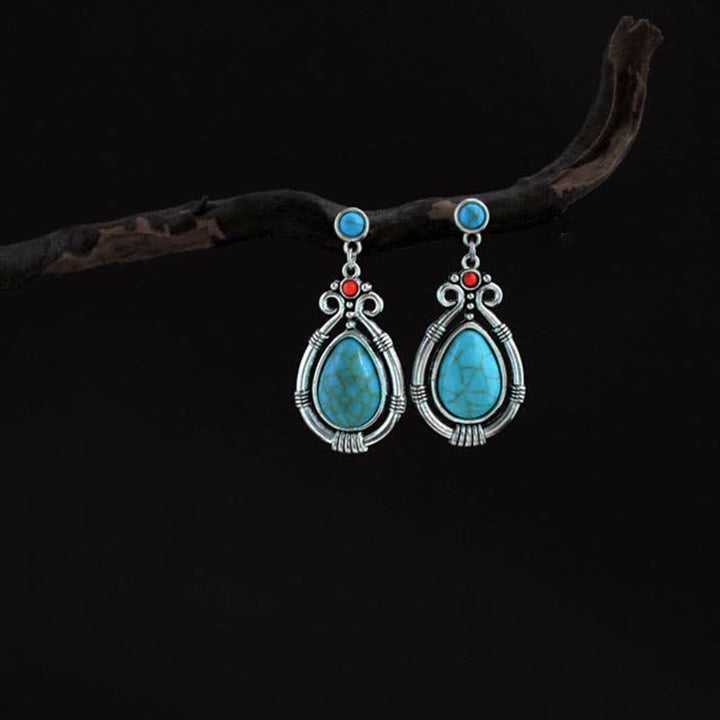 Boucles d'oreilles pendantes en forme de goutte d'eau turquoise vintage du Tibet