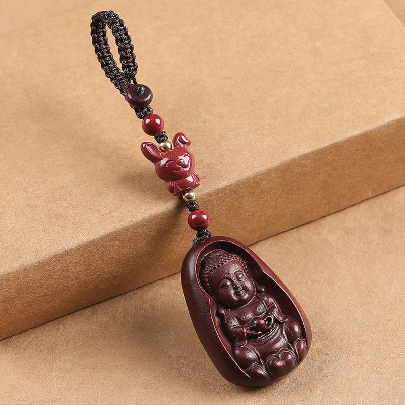 Porte-clés de protection en Buddha Stones en bois de santal rouge à petites feuilles, amulette du zodiaque chinois en cinabre