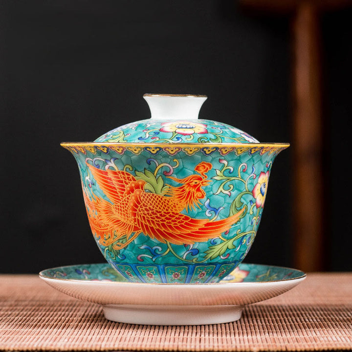 Tasse à thé en céramique Gaiwan Sancai avec motif de fleurs et de dragons Buddha Stones Kung Fu et soucoupe avec couvercle