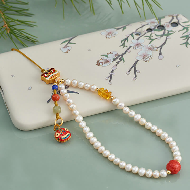 Buddha Stones Perle Naturelle Cinabre Sac d'argent Cloche Or Bête Avalante Lion Dansant Guérison Téléphone Décoration Suspendue