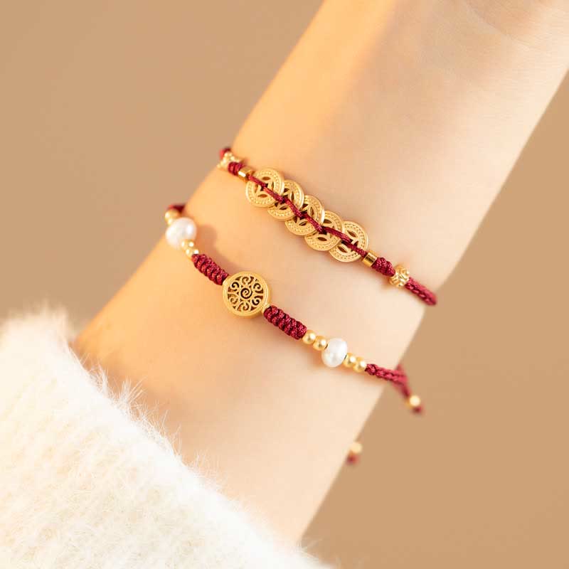 Bracelet tressé en cuivre avec Buddha Stones et pièce de monnaie, arbre de la fortune, chance et force