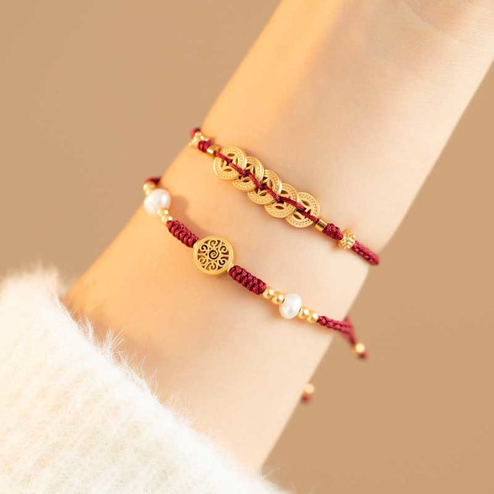 Bracelet tressé en cuivre avec Buddha Stones et pièce de monnaie, arbre de la fortune, chance et force