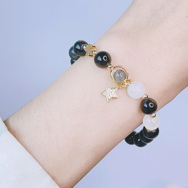 Bracelet de protection en obsidienne naturelle argentée avec Buddha Stones , cœur, étoile, fleur