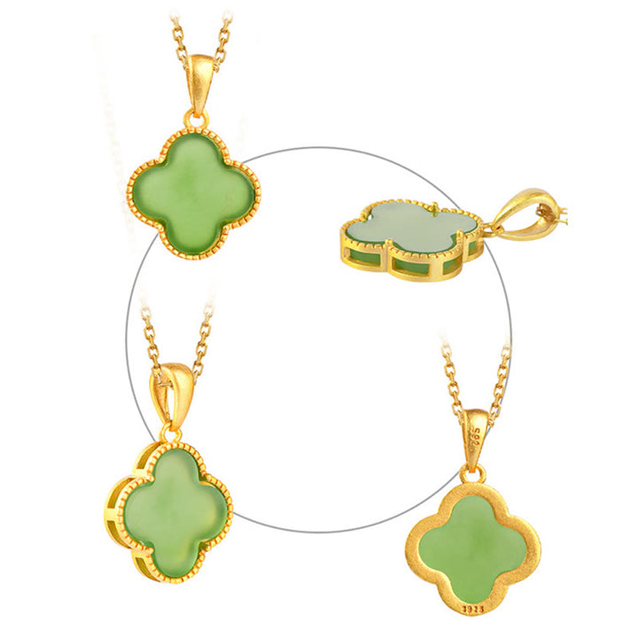 Collier pendentif trèfle à quatre feuilles en jade naturel Hetian en argent sterling 925 Buddha Stones