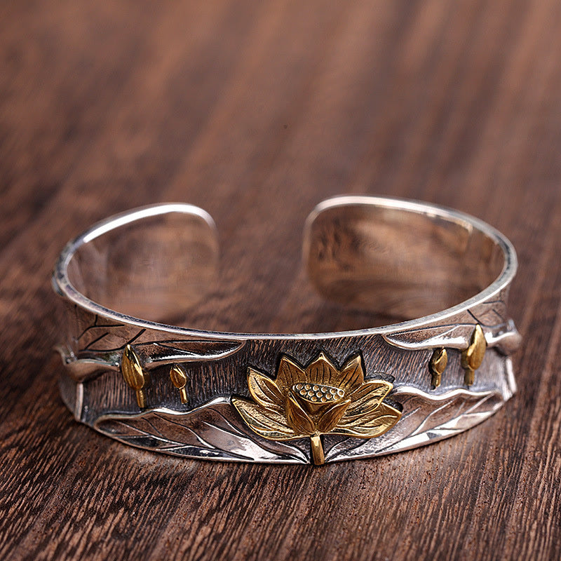 Bracelet réglable en argent sterling 925 Buddha Stones et fleur de lotus
