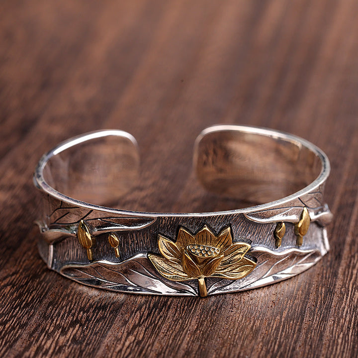 Bracelet réglable en argent sterling 925 Buddha Stones et fleur de lotus