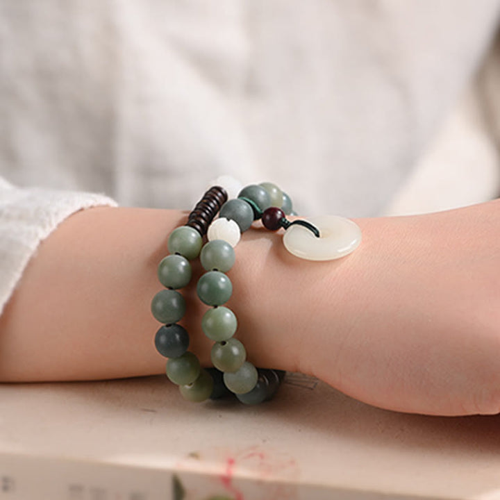 Bracelet double tour en jade et pierre de Buddha Stones avec boucle de paix et sagesse