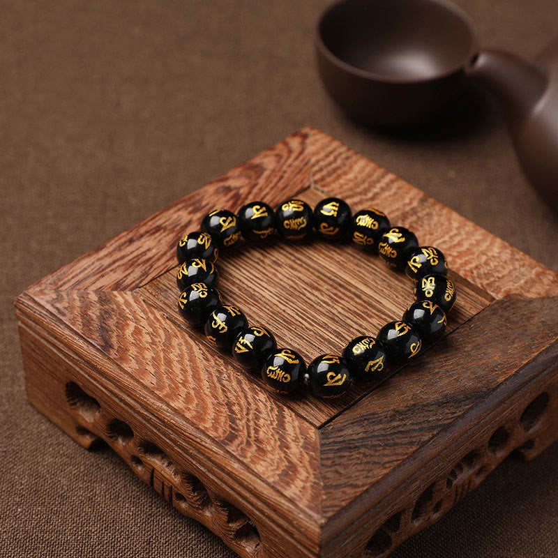 Bracelet de méditation en onyx noir et cristal blanc Buddha Stones du Tibet Om Mani Padme Hum