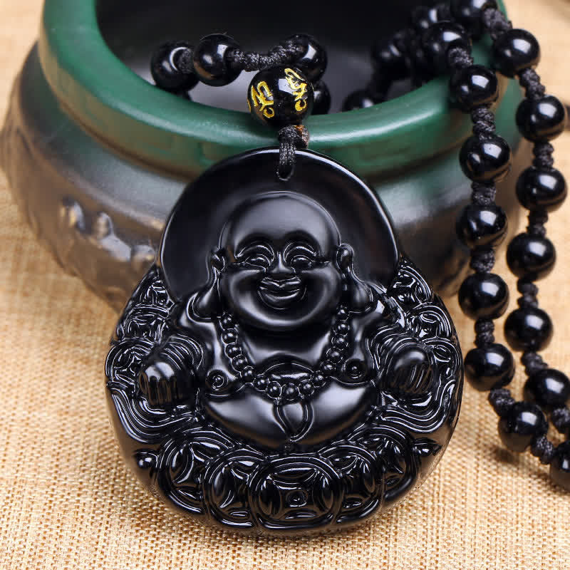 Collier avec Buddha Stones rieur en obsidienne noire et protection de la force - Obsidienne noire - image 1