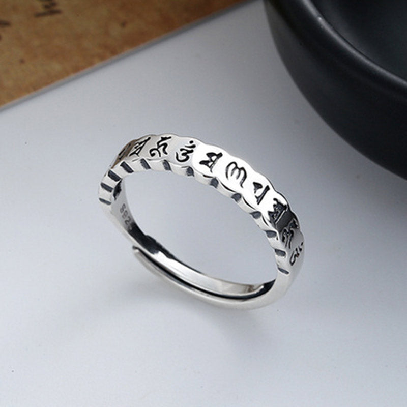 Bague de sagesse calme en argent sterling 925 avec six mots vrais de Buddha Stones