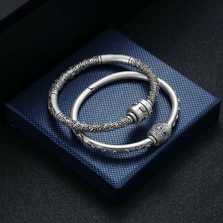 Bracelet de créativité gravé en argent sterling 990 Buddha Stones et nuages de bon augure tibétains Om Mani Padme Hum