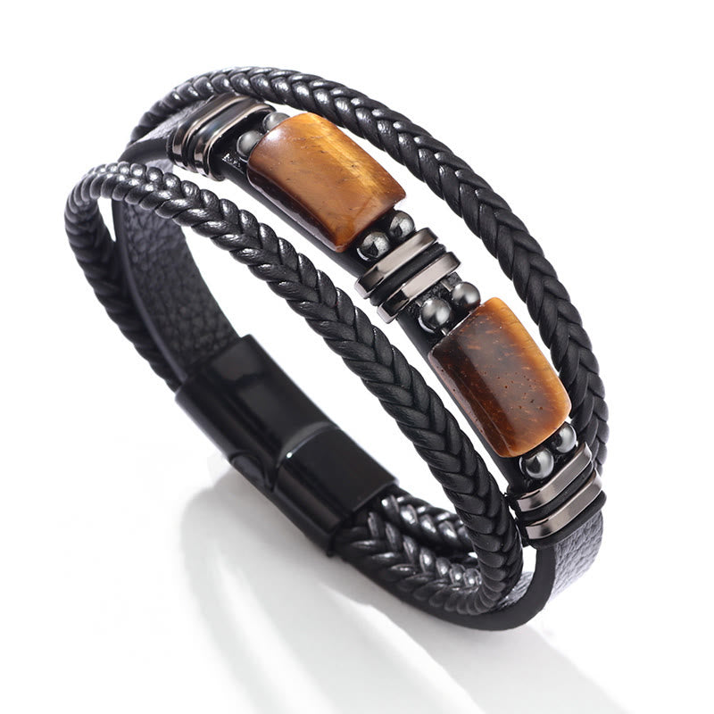 Bracelet en cuir multicouche avec boucle magnétique et Buddha Stones œil de tigre