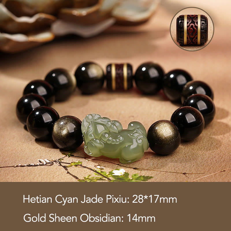 Bracelet de richesse PiXiu en jade cyan Hetian en obsidienne naturelle et dorée avec Buddha Stones
