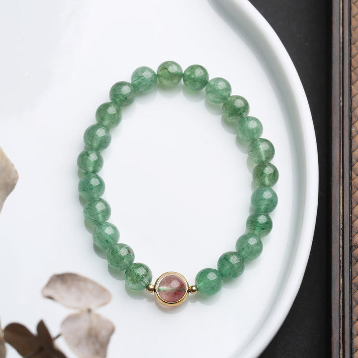 Bracelet de perles apaisantes en quartz fraise vert naturel de Buddha Stones