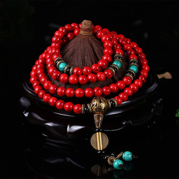 Collier et bracelet porte-bonheur Buddha Stones Mala rouge turquoise