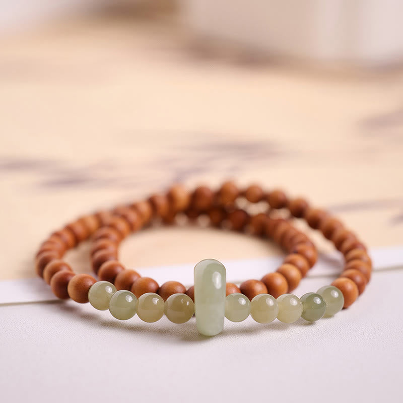 Bracelet double tour de protection en jade Hetian et bois de santal avec Buddha Stones