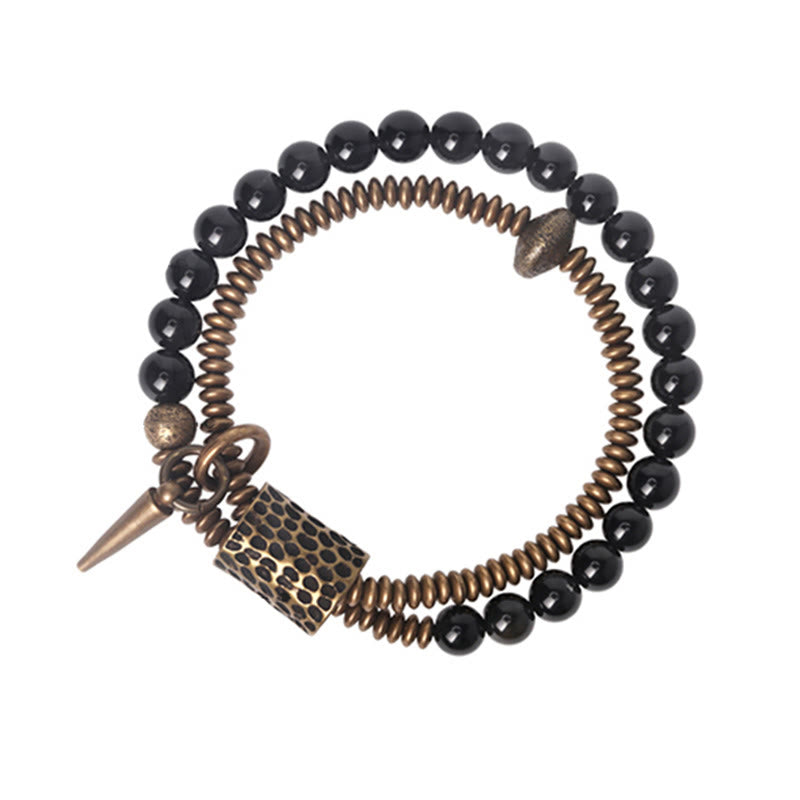 Bracelet double couche de guérison de la paix intérieure en cuivre et obsidienne arc-en-ciel en Buddha Stones