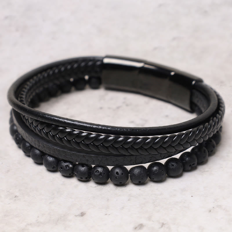 Bracelet en cuir avec perles en pierre de lave naturelle et onyx noir Buddha Stones