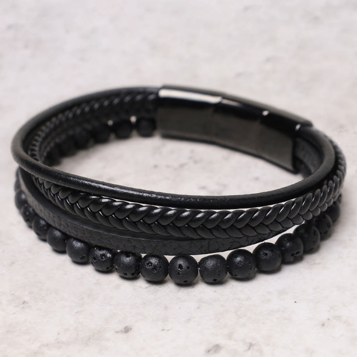 Bracelet en cuir avec perles en pierre de lave naturelle et onyx noir Buddha Stones