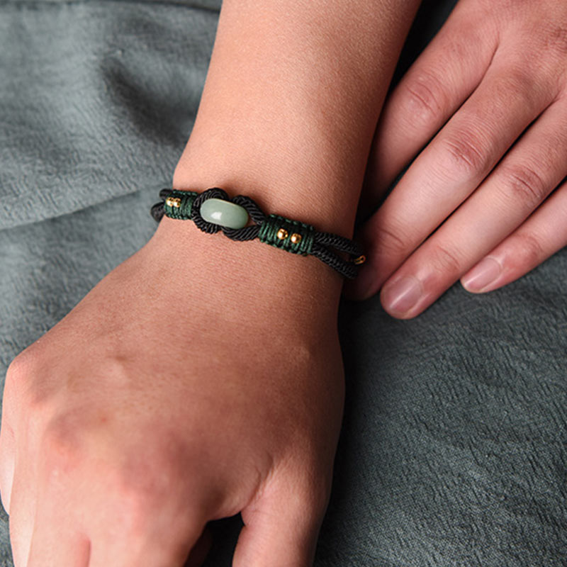 Bracelet couple porte-bonheur en corde noire Buddha Stones et jade tibétain