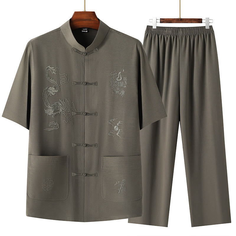 Costume Tang en Buddha Stones Hanfu Dragon chinois Uniforme de Kung Fu traditionnel Haut à manches courtes et pantalon Vêtements Ensemble pour hommes - Vert armée - US/UK/AU44，EU54 (4XL) - image 2