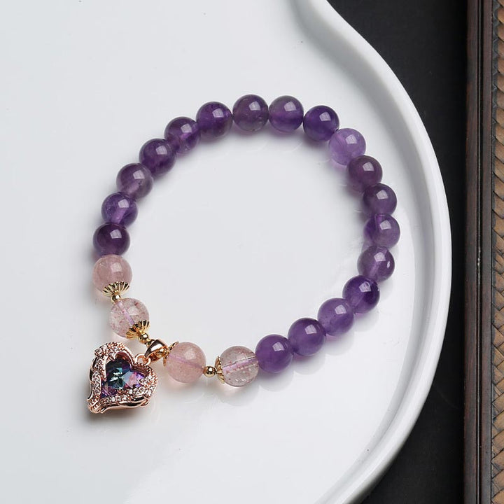 Bracelet porte-bonheur en cristal de quartz fraise et améthyste naturelle