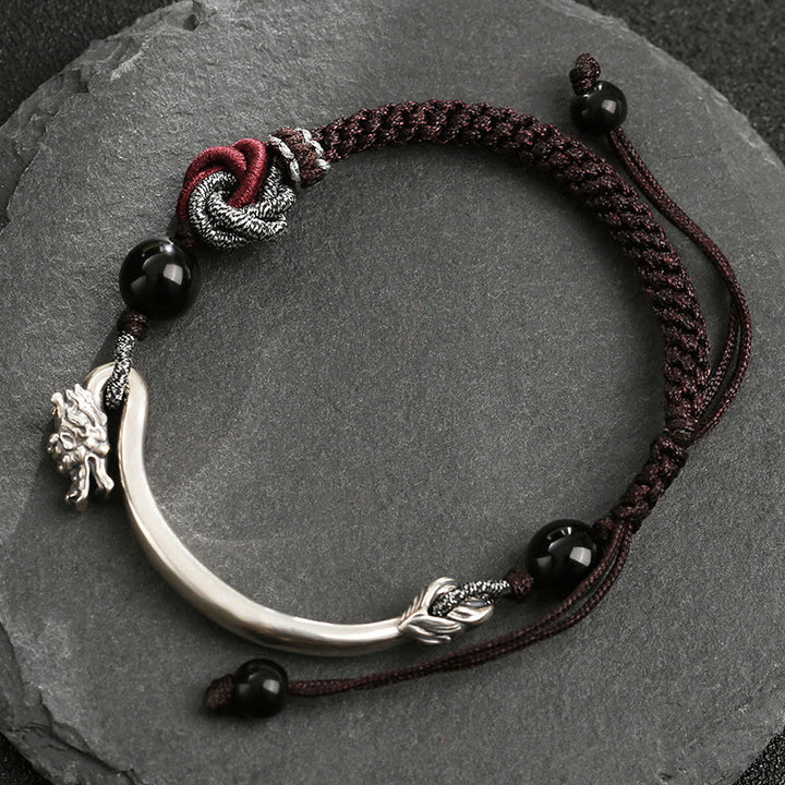 Bracelet tressé artisanal en argent sterling 925 Buddha Stones et dragon porte-bonheur