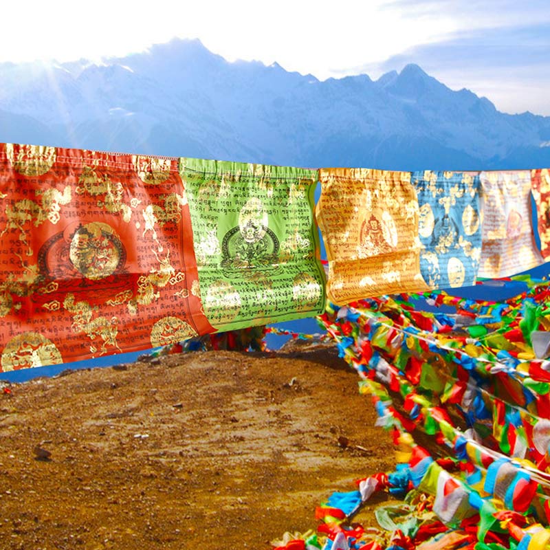 Buddha Stones Décoration extérieure de 20 drapeaux de prière représentant le cheval du vent tibétain aux 5 couleurs et le Sutra de la longévité - 7 m - image 0