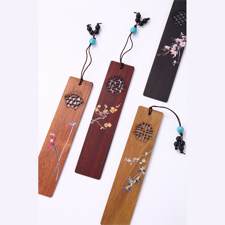 Lot de 4 marque-pages en bois avec Buddha Stones , orchidée, prunier, bambou, chrysanthème, masque d'opéra de Pékin, avec boîte cadeau