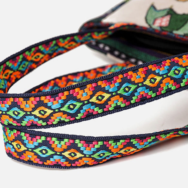 Sac fourre-tout en toile brodé de grande capacité avec Buddha Stones, éléphant et papillon
