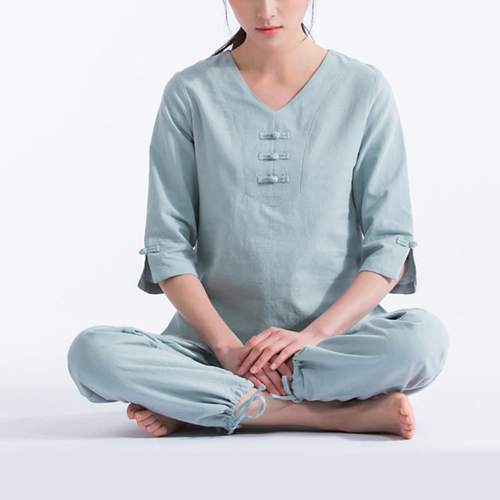 Ensemble de vêtements en coton et lin Buddha Stones , yoga, méditation, prière, col en V, pratique zen, pour femmes - Cyan clair - US8-10，UK/AU12-14，EU40-42 (2XL) - image 0