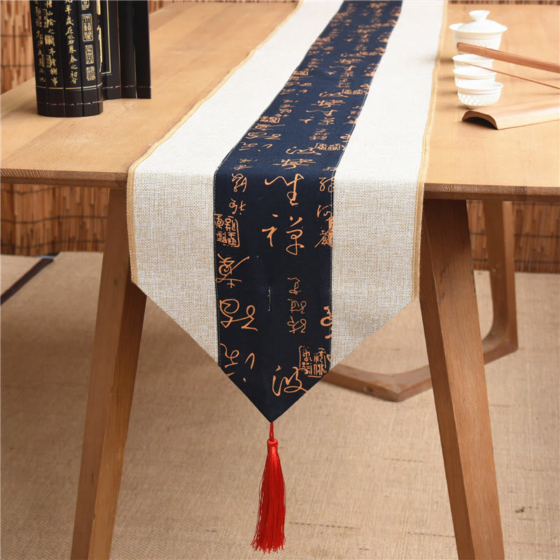 Chemin de table en coton et lin avec pompons, Buddha Stones, style chinois classique, lotus, poisson koï, fleur, grue, calligraphie, illumination