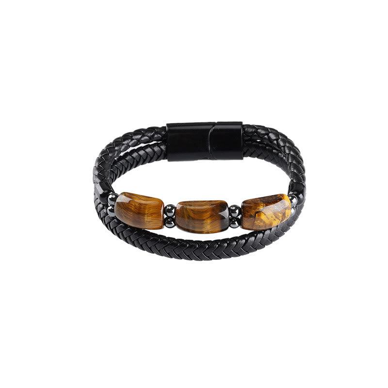 Bracelet en cuir avec boucle magnétique et protection naturelle de l'œil de tigre et des Buddha Stones