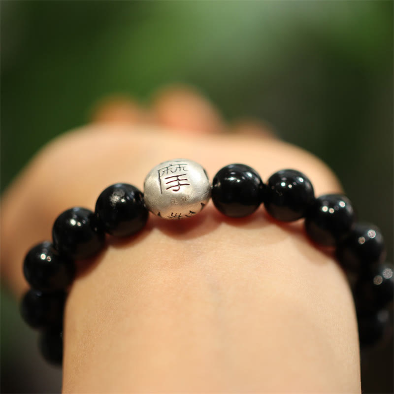 Bracelet de protection gravé en argent sterling 925 avec perles d'onyx noir et Buddha Stones