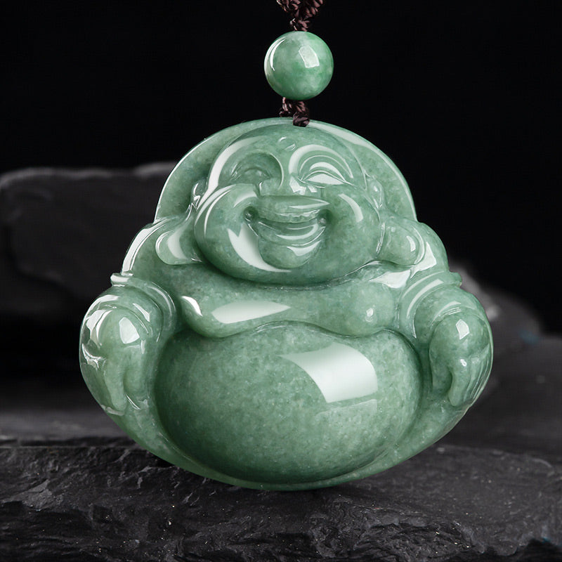 Collier avec pendentif en perles de jade cyan et Bouddha rieur - Jade cyan - image 1