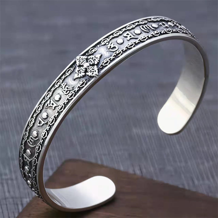 Bracelet manchette de sagesse gravé en argent sterling 925 Buddha Stones Om Mani Padme Hum Double Dorje